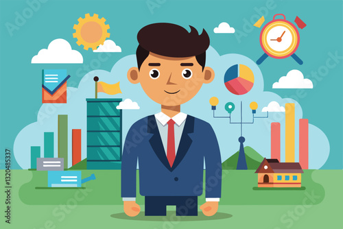 A cartoon character stands proudly in a vibrant business environment showcasing growth and productivity, Starting a business project Customizable Cartoon Illustration