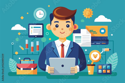 A professional in business attire engages with a tablet, surrounded by various project management tools and data, Starting a business project Customizable Cartoon Illustration