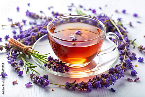 Cup of Lavender Tea with Flower Petals on White Background