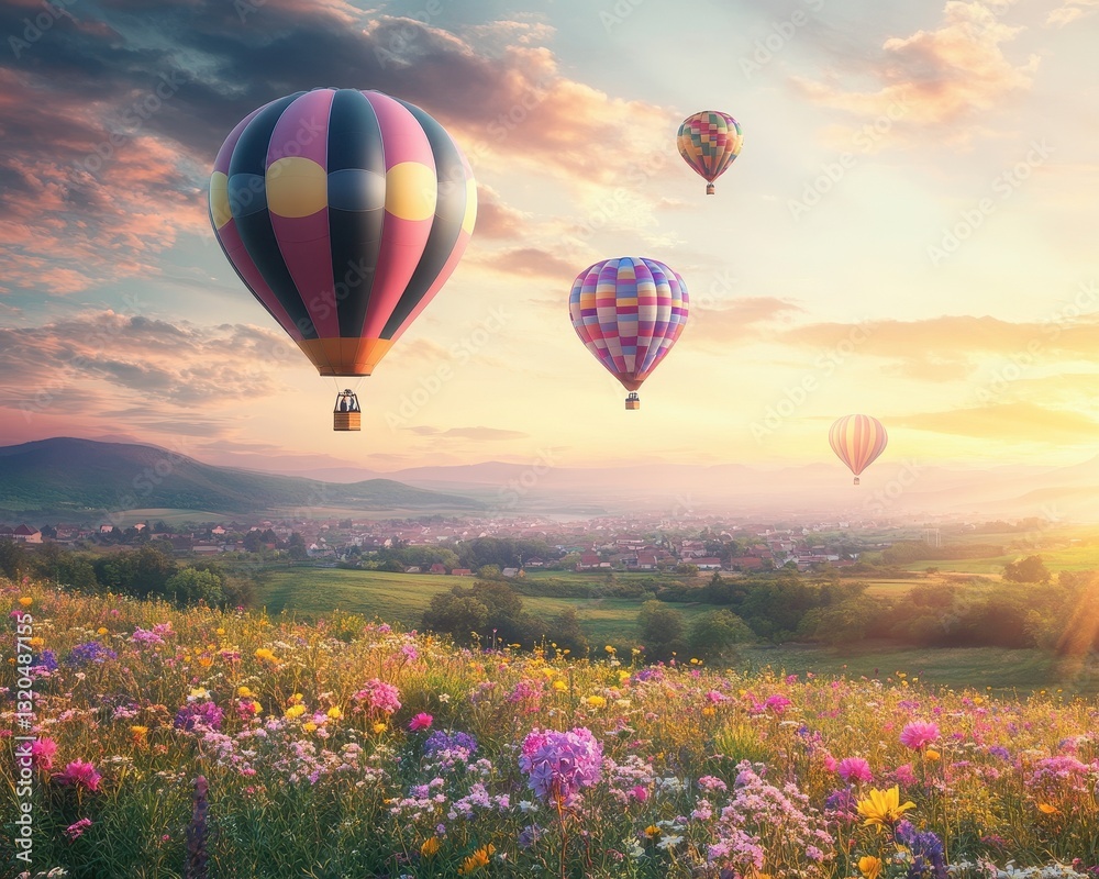 Fototapeta premium Colorful Hot Air Balloons Soaring Over a Vibrant Flower Field at Sunrise