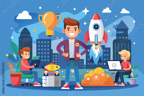 Cartoon characters embody startup culture, featuring teamwork, ideas, and entrepreneurial spirit in a city backdrop, Startup life Customizable Cartoon Illustration