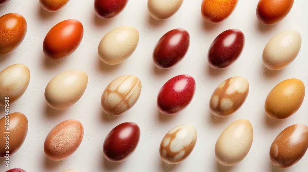 Colorful Speckled Eggs Arranged on White Background Colorful Speckled Eggs Arranged on White Background