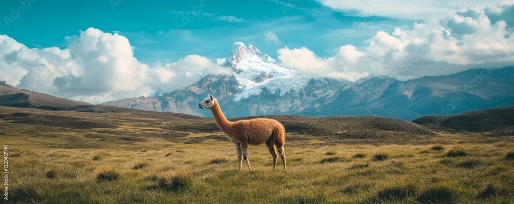 Fototapeta premium A single llama standing in a field before mountainous landscape scenery