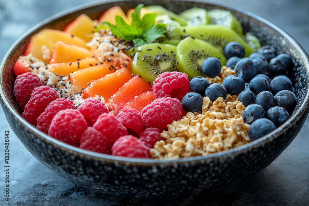 Fresh fruit bowl with berries, kiwi, and granola Fresh fruit bowl with berries, kiwi, and granola