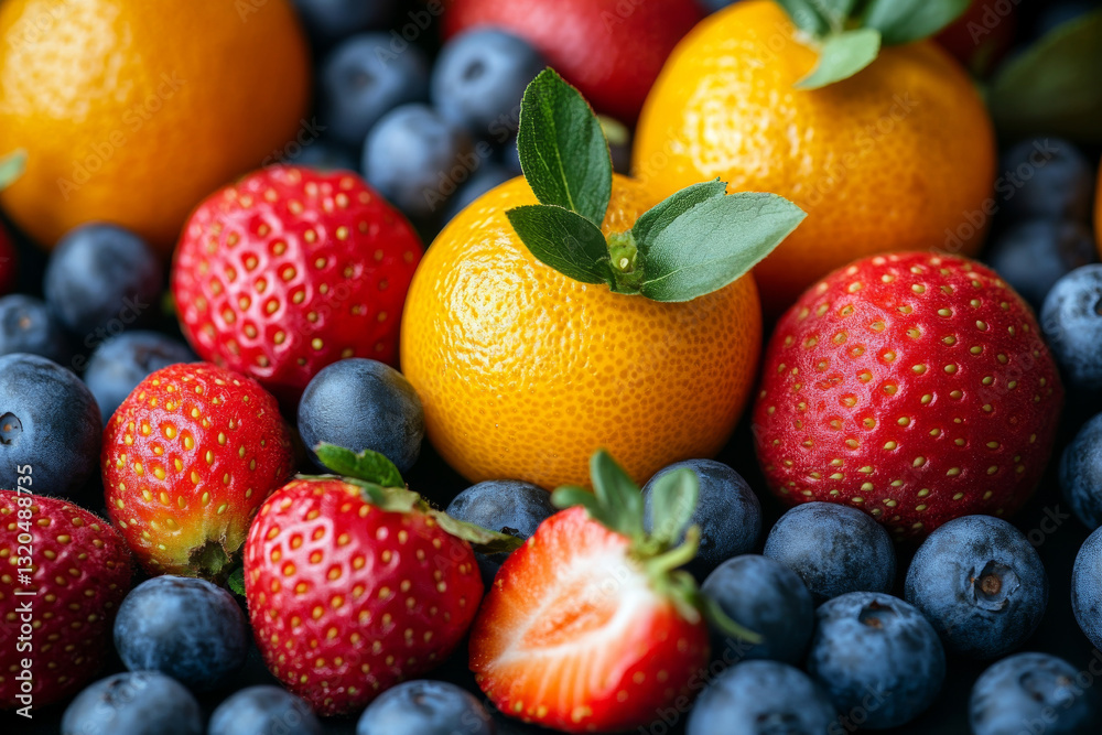 Fresh strawberries, blueberries, and oranges create vibrant Fresh strawberries, blueberries, and oranges create vibrant