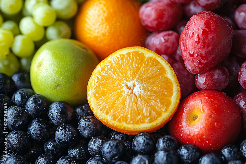 Fresh fruits including oranges, grapes, and blueberries Fresh fruits including oranges, grapes, and blueberries
