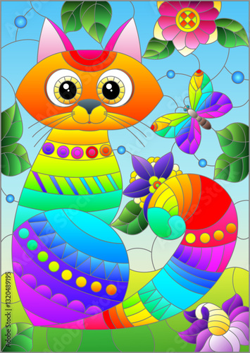 Illustration in stained glass style with a rainbow cute cat on a background of meadows, bright flowers and sky