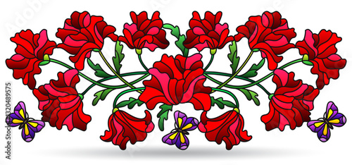 Stained glass illustration with composition of poppies and butterflies, isolated on a white background