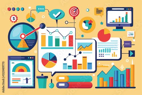 The visual displays a range of colorful charts and graphs used for analyzing statistics and data trends, Statistics and infographics, data visualization,