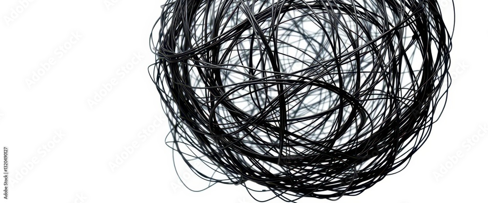 Intricate black wire sphere resembling a tangled nest, isolated on white, modern, black