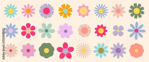 Set of abstract Daisy flowers. Chamomile flat icon, cartoon retro spring flowers. Geometric flower set. Abstract minimal daisy elements. Botanical summer elements, natural bloom petal. Floral design