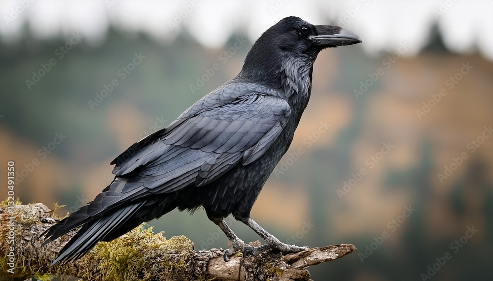 Obraz premium black raven perched showcasing detailed feathers and sharp beak