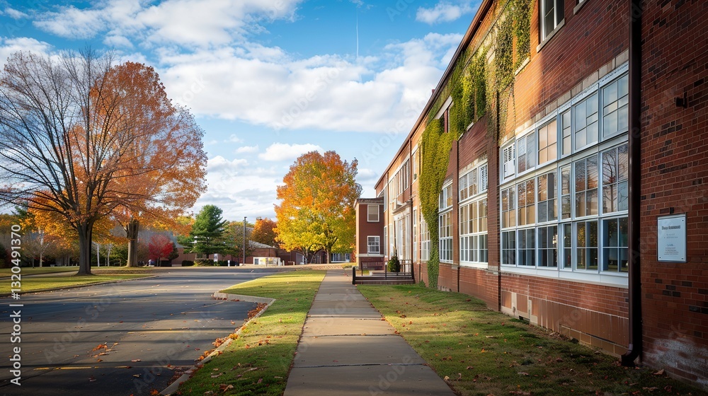 Vibrant exterior of a typical American school building in a suburban neighborhood showcasing classic educational architecture. Vibrant exterior of a typical American school building in a suburban neighborhood showcasing classic educational architecture.