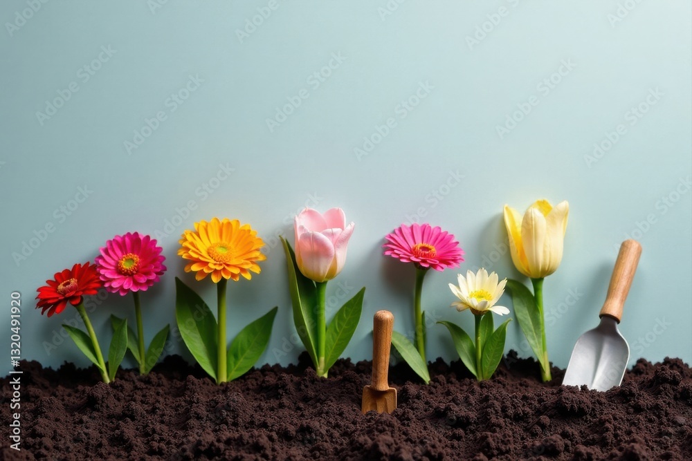 Obraz premium Vibrant Spring Blooms Ready for Planting in Rich Soil with Gardening Tools