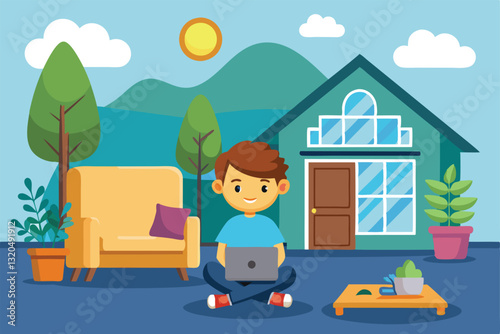 A cheerful boy is sitting on the floor with a laptop at his cozy home, enjoying a sunny day, Stay at home Customizable Cartoon Illustration