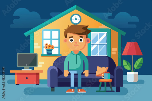 A young person sits on a couch in a vibrant living room, surrounded by plants and decor, looking thoughtful, Stay at home Customizable Disproportionate Illustration