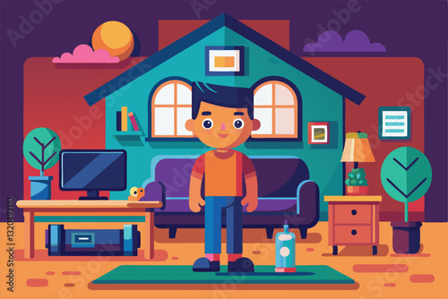 A young person stands in a vibrant living room, surrounded by furniture, plants, and a sunny atmosphere, Stay at home Customizable Disproportionate Illustration