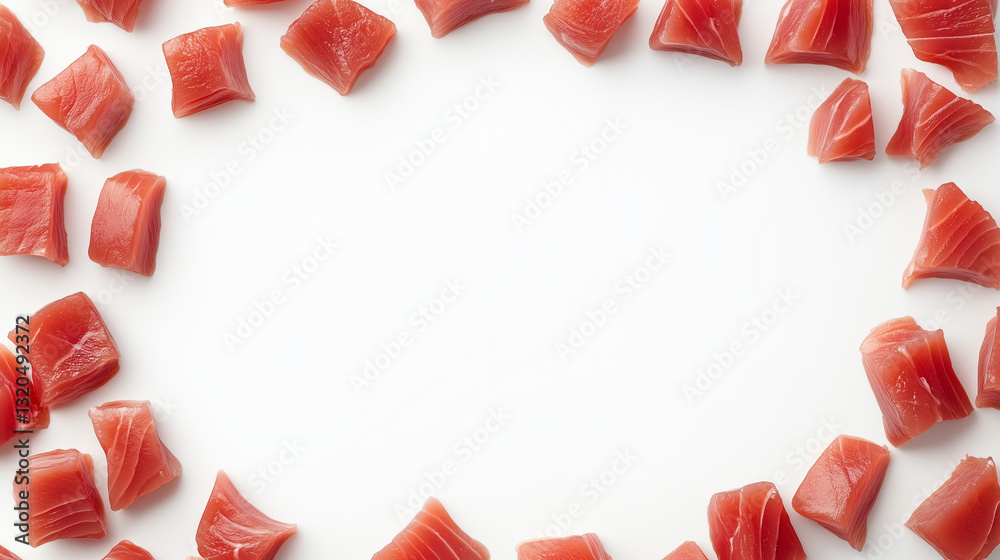 Tuna fish pieces frame with blank space for text. To celebrate World Tuna Day on May 2