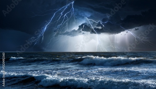 dark ocean storm with lighting and waves at night landscape