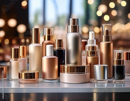 diverse cosmetic products lined up on display for beauty enthusiasts
