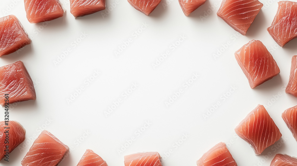 Tuna fish pieces frame with blank space for text. To celebrate World Tuna Day on May 2