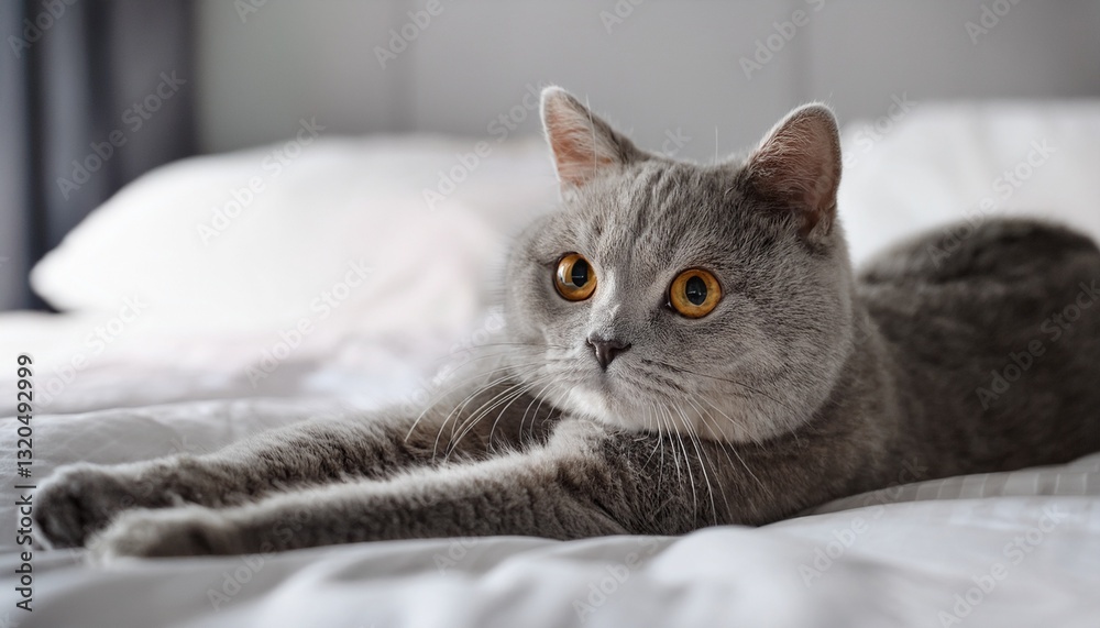 Naklejka premium cute grey cat with folded ears stretching on bed