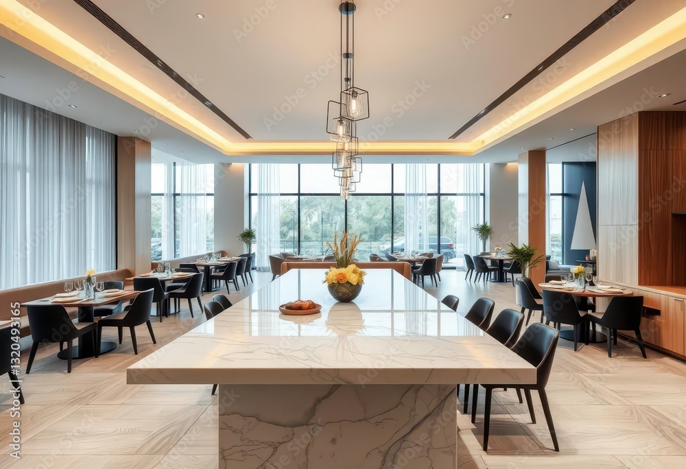 Modern, sophisticated dining area with marble island, minimalist lighting, light wood & black accents, comfortable seating, open-plan view, table, luxury Modern, sophisticated dining area with marble island, minimalist lighting, light wood & black accents, comfortable seating, open-plan view, table, luxury