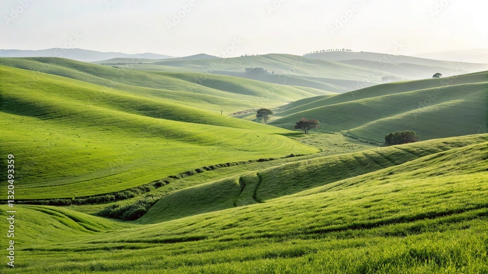 Fototapeta premium Serene Tuscan Hills Bathed In Morning Sunlight, Rolling Green Landscape Under A Soft, Hazy Sky
