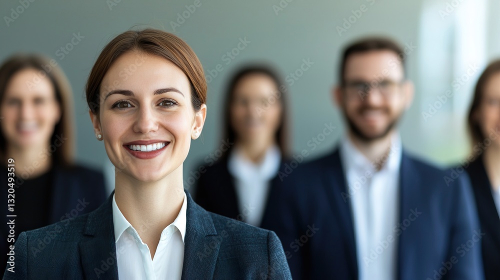 Confident Candidate Presenting Qualifications with Professional Colleagues in Background Confident Candidate Presenting Qualifications with Professional Colleagues in Background