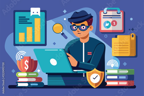 A focused individual types on a laptop, analyzing data while surrounded by books, charts, and security symbols, Steal data