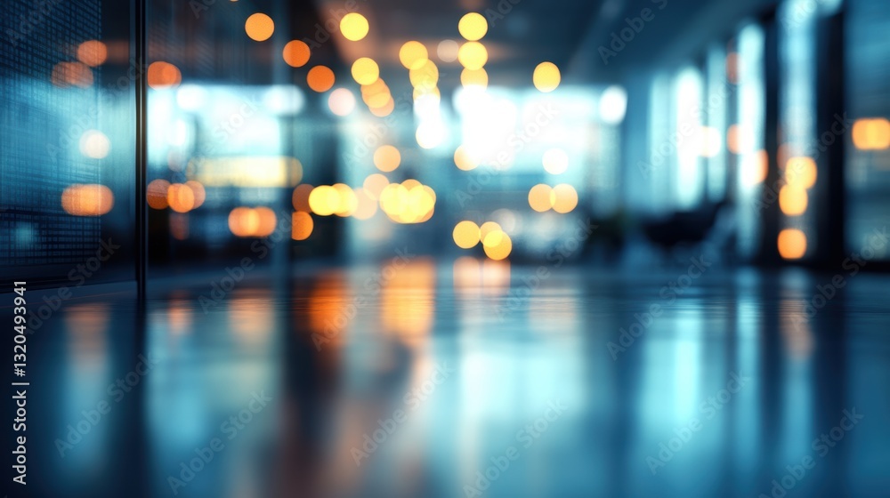 Fototapeta premium A blurred office space, bathed in an abstract halo of light bokeh, revealing a sense of tranquility and mystery within the sterile confines of modern work.