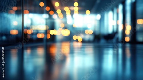 A blurred office space, bathed in an abstract halo of light bokeh, revealing a sense of tranquility and mystery within the sterile confines of modern work.