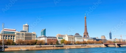 Paris skyline, modern architecture, clear blue sky, wide angle view, metropolis, building