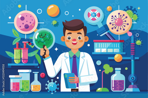 A cheerful scientist examines stem cells while surrounded by lab equipment and colorful biological elements, Stem-cell research Customizable Cartoon Illustration