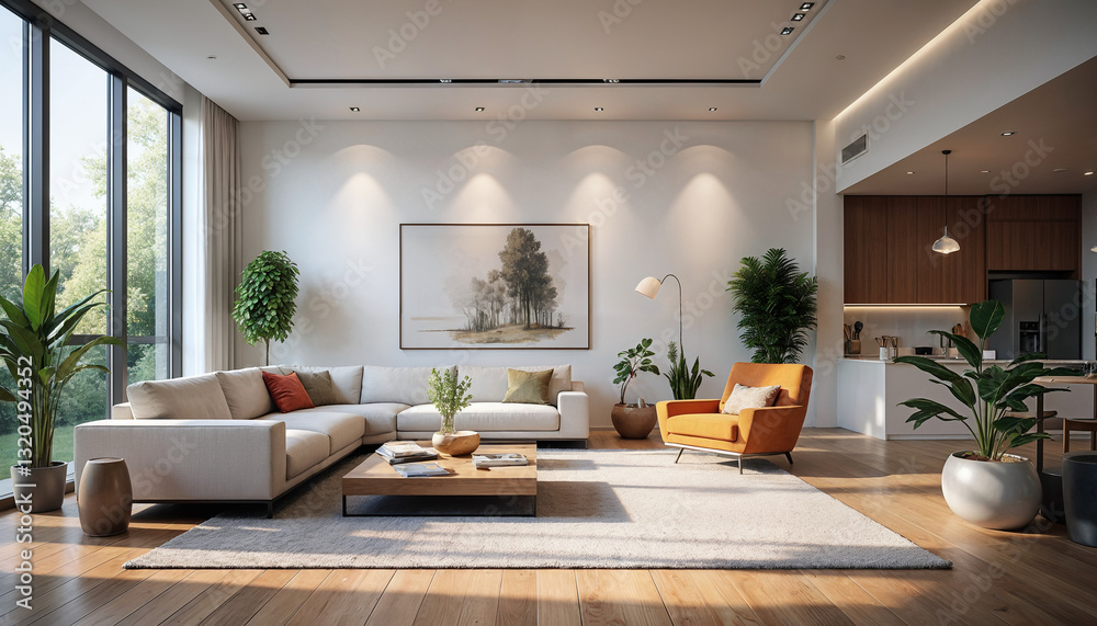 Fototapeta premium Minimalist Living Room with Lush Indoor Plants