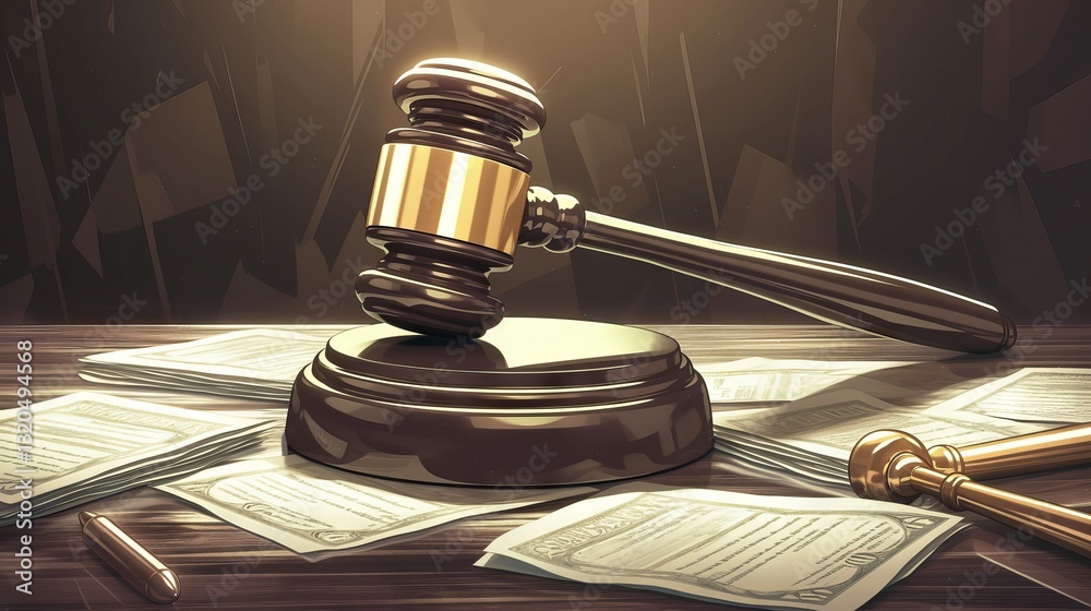 Bankruptcy court gavel on judge's bench, symbolizing legal authority, debt resolution, and financial justice concept