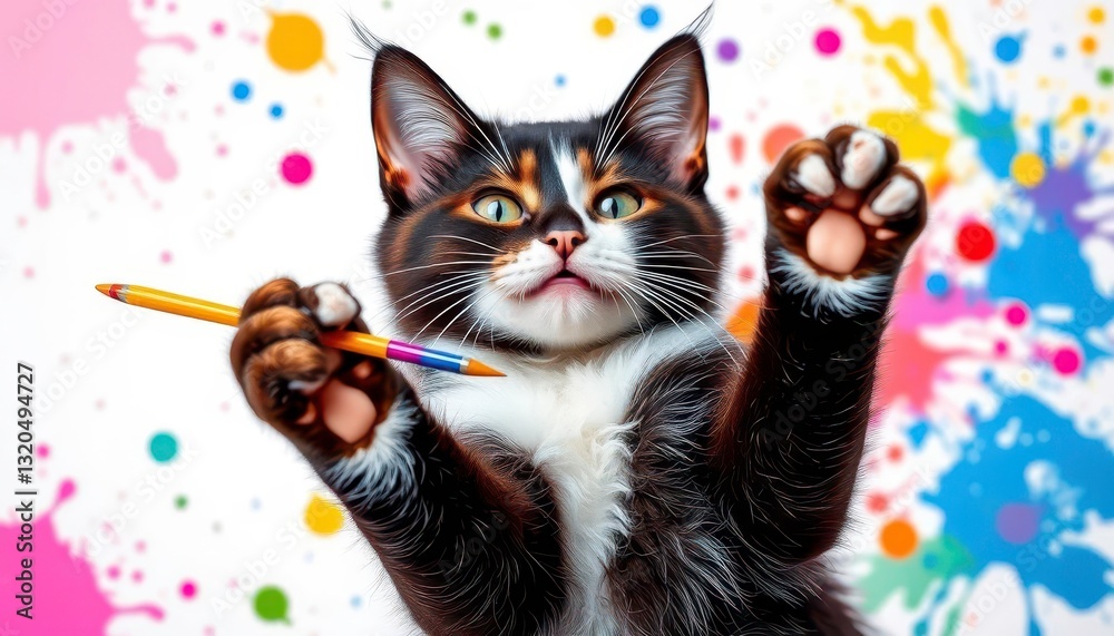 Playful tuxedo cat, paintbrush in paws, colorful paint splatters on white background, animal, background Playful tuxedo cat, paintbrush in paws, colorful paint splatters on white background, animal, background