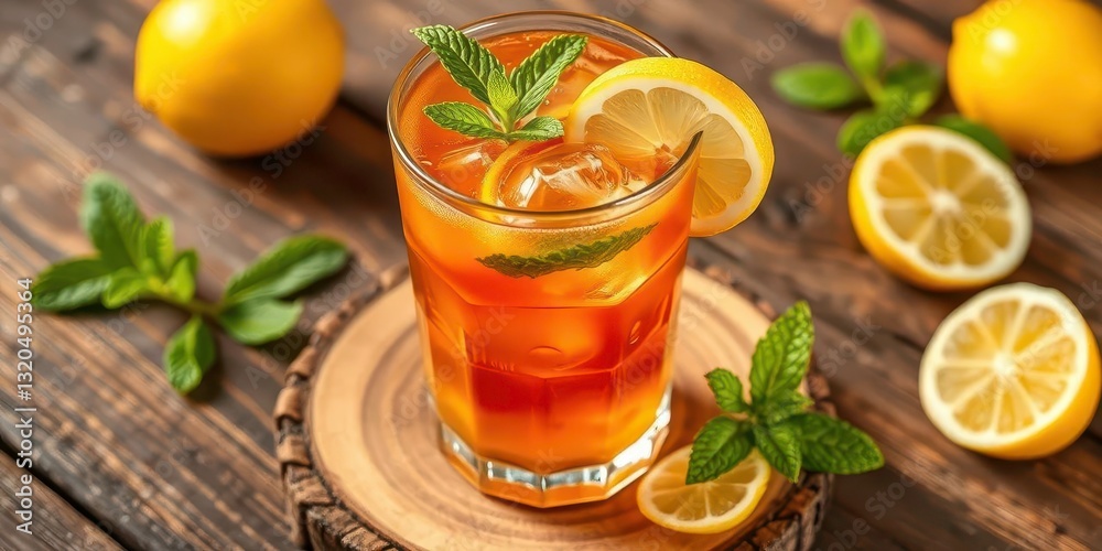 Refreshing iced tea with lemon & mint, served on rustic wooden coaster, delicious, wooden stand Refreshing iced tea with lemon & mint, served on rustic wooden coaster, delicious, wooden stand