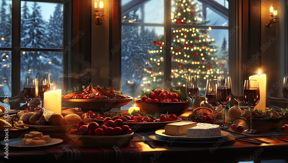 Festive Christmas dinner by the window with snowy mountain view Festive Christmas dinner by the window with snowy mountain view