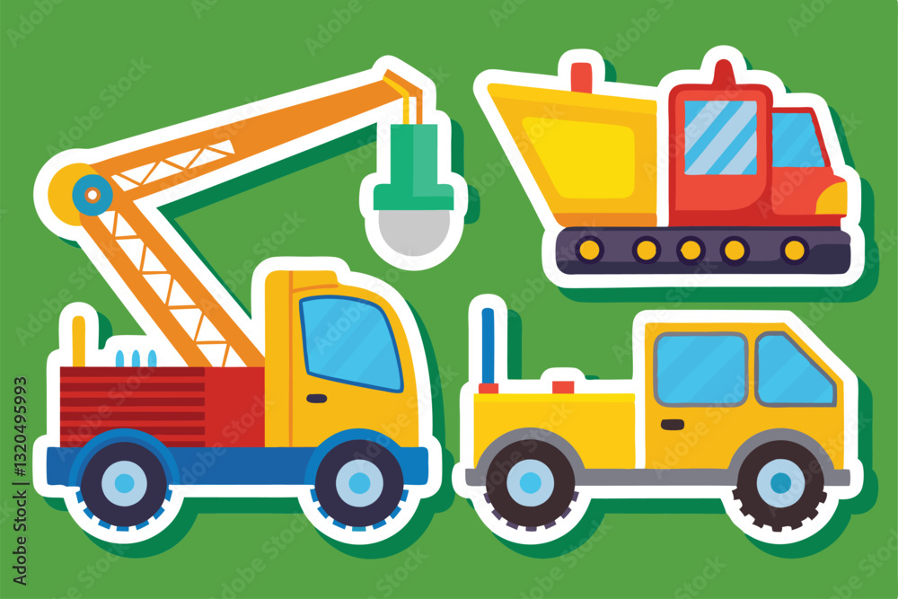 Fototapeta premium Brightly colored stickers showcase a truck crane, a tractor, and a construction vehicle on a playful background, Stickers with truck, crane and tractor,