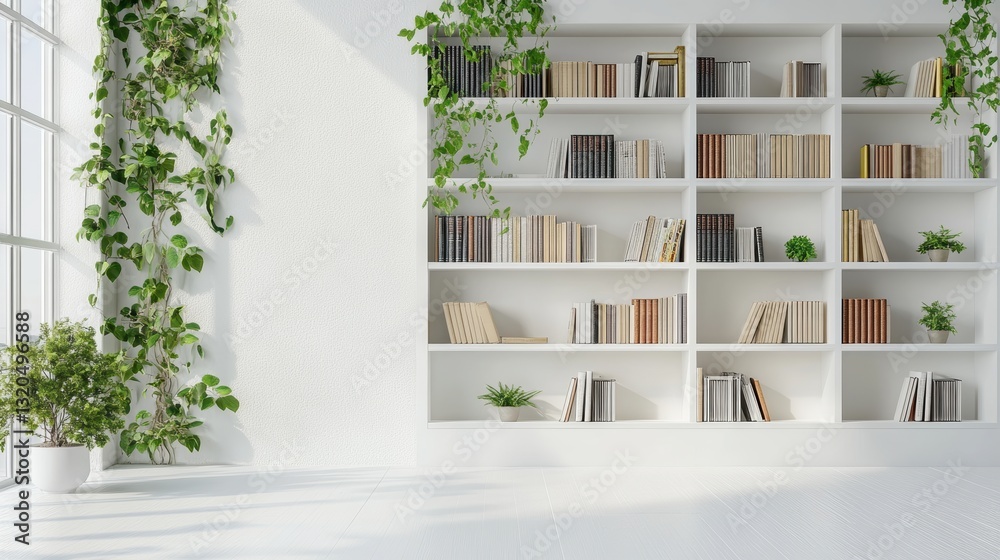 A pristine white bookshelf, adorned with vibrant green plants and neatly arranged folders, stood majestically against the backdrop of a textured white wall, a minimalist masterpiece of organized A pristine white bookshelf, adorned with vibrant green plants and neatly arranged folders, stood majestically against the backdrop of a textured white wall, a minimalist masterpiece of organized