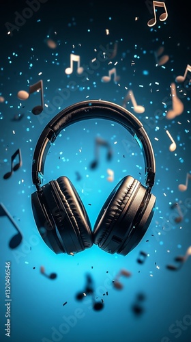 headphones with floating music notes on a blue background