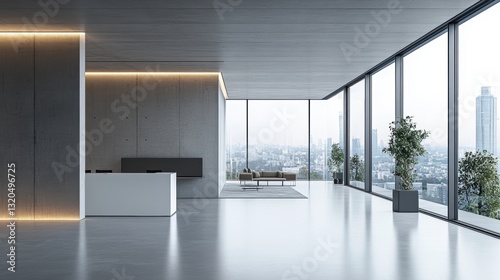 A minimalist office space, its stark white walls punctuated by the panoramic windows of a concrete building, offering a blank canvas for designers to envision their creations. A 3D rendering captures