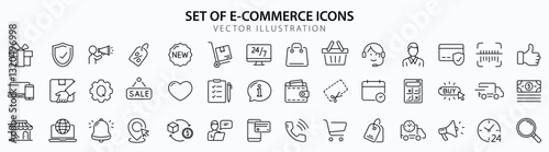 E-Commerce set of web icons in line style. Online shopping icons for web and mobile app. Business, mobile shop, digital marketing, bank card, gifts, sale, delivery. Vector illustration