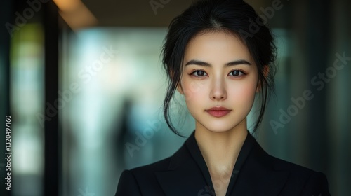 A woman in a sharp black suit, her face framed by sleek black hair, gazes directly into the lens of the camera, exuding confidence and determination. Her expression speaks volumes about her success