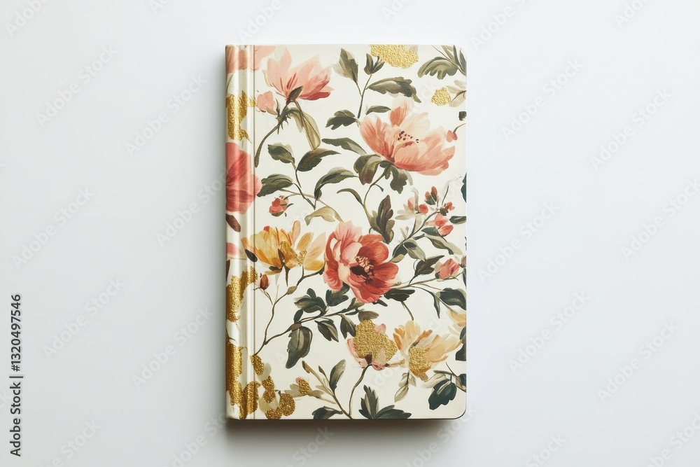 A floral patterned notebook resting on a white background A floral patterned notebook resting on a white background