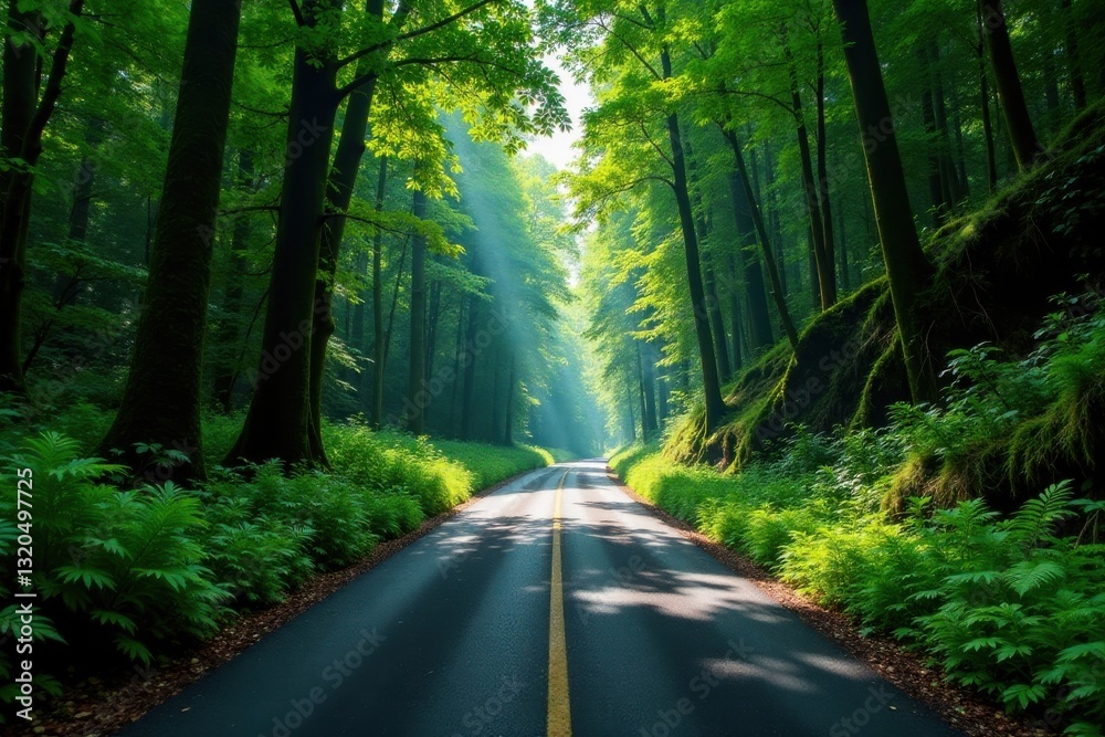 Obraz premium Sunlit Pathway Through a Lush Green Forest with a Winding Road
