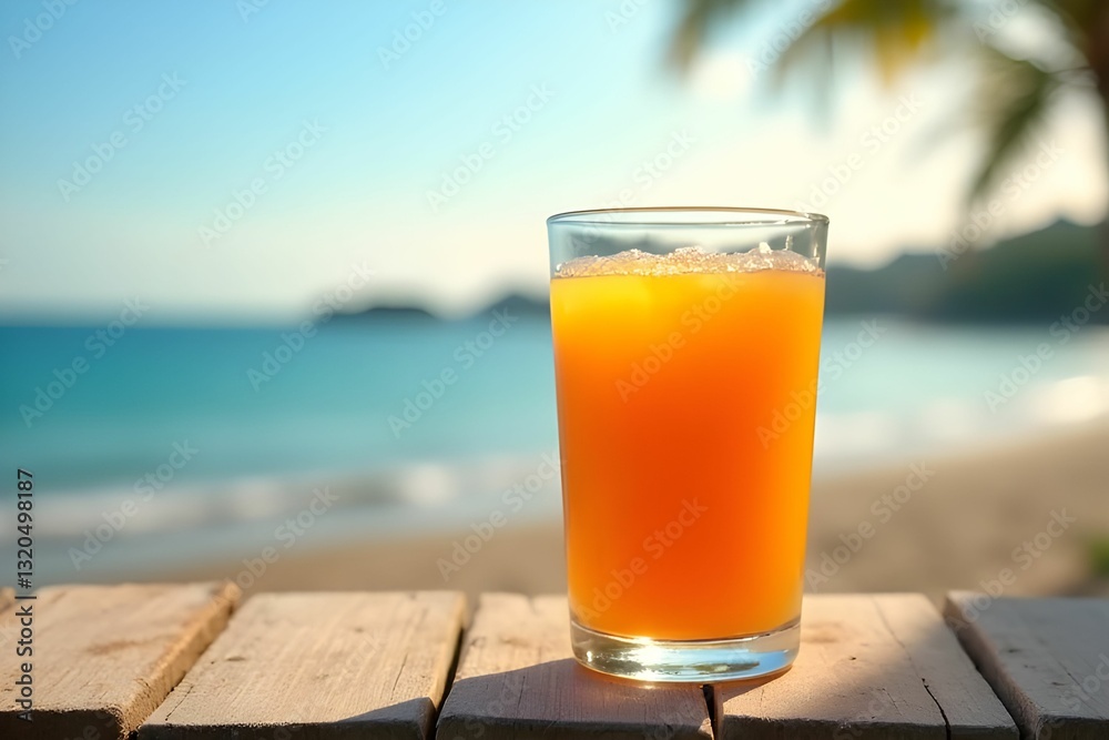 Obraz premium Fresh orange Juice in glass on wood table with beach background. Beverage menu concept. Vacation and holiday concept