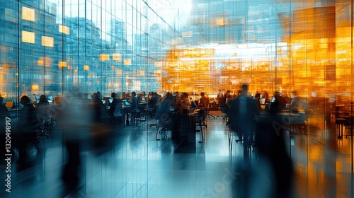 A blurred office scene, where the glass walls of cubicles frame a sea of faces engrossed in their work, highlighting the bustling energy of a modern workspace.