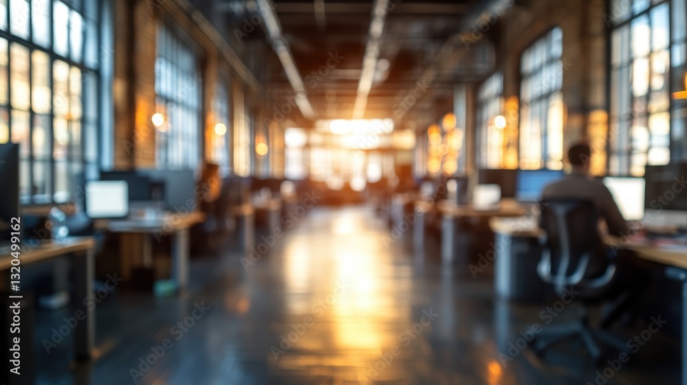A blurry office space, where the lines between desks and windows blur, hinting at the bustling energy and focused work taking place.